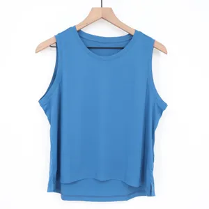 Tank Top Womens Blue Side Slit High Low Hem Crew Neck Running Yoga Activewear thumbnail 2