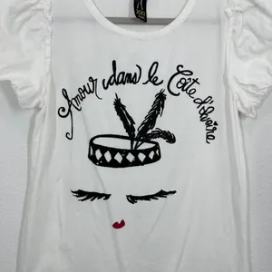 Forever 21 Y2K White Graphic Tee with Puff Sleeves French Dancer Beaded Size Medium thumbnail 2
