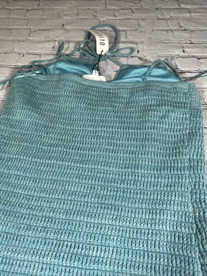 Olive + Oak Sz M Crochet Knit Mini Dress Marled Turquoise Tie Front Lined NWT thumbnail 15