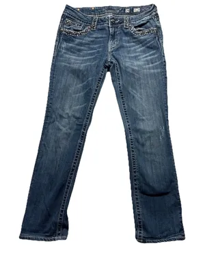 Miss Me Buckle Mid Rise Straight Embellished Flap Denim Blue Jeans 29/28 thumbnail 1