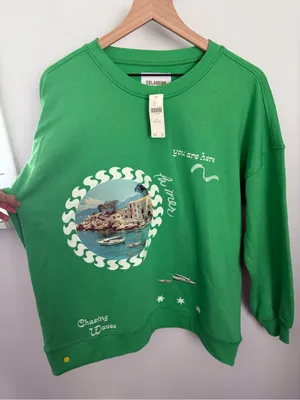 Anthropologie Celandine XXS/XS NEW Crew-Neck Graphic Sweatshirt Green Oversized thumbnail 8