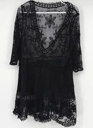 Black Lace Sheer Embroidered Floral V-Neck Tunic Top Whimsigoth Witchy thumbnail 1