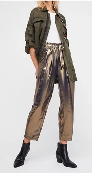 Free People "Le Melange" Metallic Gold Paperbag Trousers Size S (18” waist) thumbnail 1