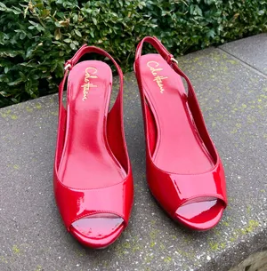 Cole Haan Patent Leather red peep toe kitten heels thumbnail 2