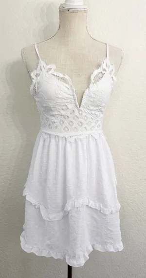 rue21 Dress Small White Lace‎ Swiss Dot Tiered Ruffle Mini Boho Coquette thumbnail 1