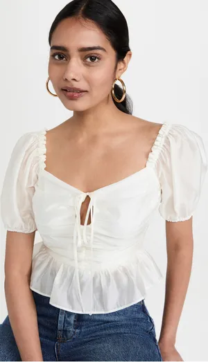 WAYF Women’s Small Off White Ruched Ruffle Short Sleeve Top thumbnail 1