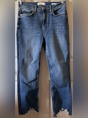 Zara The Bootcut Distressed Raw Frayed Hem Cropped Jeans Sz 6 Cotton Med Wash thumbnail 5