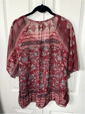 Knox Rose Blouse M Red/Maroon Blue Floral Peasant Top EUC thumbnail 2