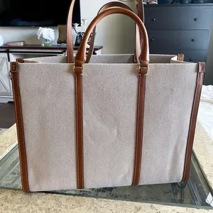 Tory Burch Blake Jumbo Tote‎ Bag Canvas Leather Trim Neutral Cream Brown Cuoio thumbnail 7