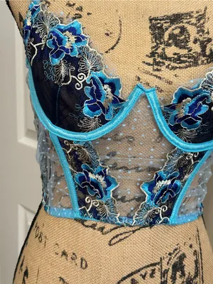 Floral Embroidered Lingerie Set – Teal & Black | Size M thumbnail 4