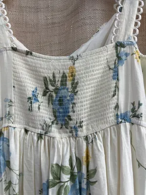 White Blue Yellow Floral Tiered Midi Dress Lace Tie Straps Small thumbnail 13