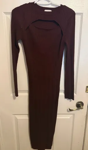 Pink Rose Burgundy Ribbed Cutout Long-Sleeve Maxi Dress Size Medium thumbnail 1