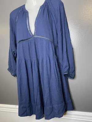 Free People Dress Womens Small Blue Deep V Empire Trapeze Swing Boho Mini thumbnail 4