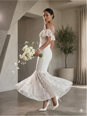 White Lace Mermaid Wedding Dress Off Shoulder Prom Bridal Gown Minimalist Size M thumbnail 2