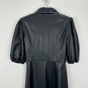 Lime Faux Leather Mini Dress Black Minimalist A Line Puff Sleeve Collared XS thumbnail 6
