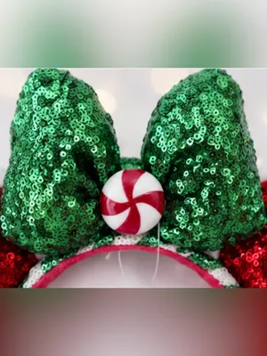 Disney Minnie Mouse ear Christmas headband -red sequin ears + green sequin bow thumbnail 3