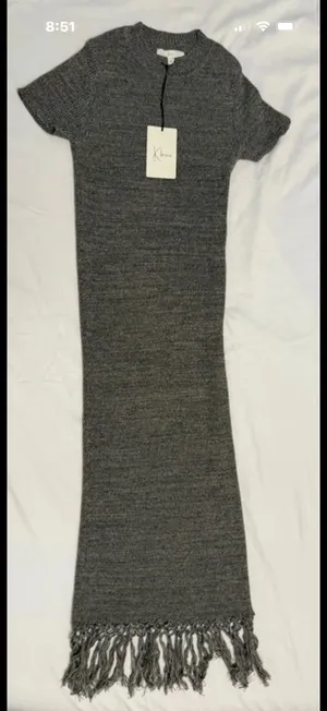 Heather gray marled fringe hem knit dress from the boutique brand Klesis thumbnail 4