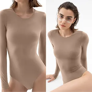 Pumiey Brown Crew Neck Long Sleeve Bodysuit Second-skin Feel Tops in Latte S thumbnail 2