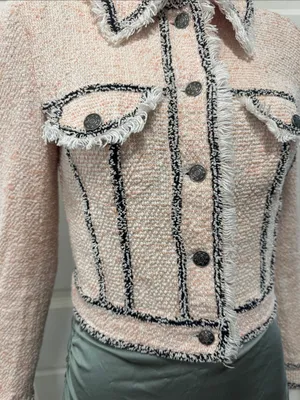 Veronica Beard Cotton Blend Pale Pink Tweed Fringed Blazer with Gray Trim S XS thumbnail 5