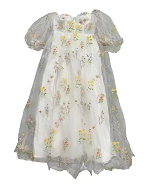 Women's Floral Embroidered Corset Maxi Puff Sleeve Dress in White, Size 12​​​ thumbnail 1