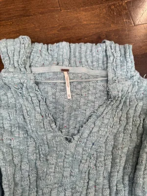 Free people Light blue hooded oversized knit sweater poncho with bell sleeves thumbnail 5
