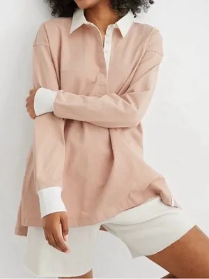 Aerie Oversized Rugby Polo Shirt Size XS Tan Long Sleeve Top thumbnail 1