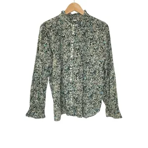 LOFT Pintucked Ruffle Mock Neck Floral Blouse Medium Black Green Cotton Boho Top thumbnail 3