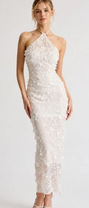 The New Arrivals White Sequin Embellished Halter Maxi Dress Bridal Size 36 thumbnail 1