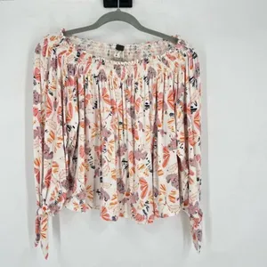 Free People Lexington Off Shoulder Floral Boho Blouse Small‎ Tie Cuff Ivory thumbnail 2