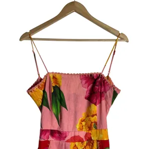 Farm Rio Chita Pink Floral Print Square Neck Tie Back Linen Midi Dress Size XS thumbnail 5