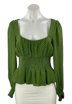 Reformation Hearth Women's Green Polka Dots Long Sleeve Peplum Blouse Top Size 8 thumbnail 1