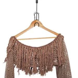 Miamisty Large Brown Crochet Boho Chic Cropped Fringed Cover Up Top Whimsigoth thumbnail 5