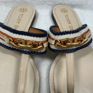 Tory Burch Eleanor Thong Sandal Beige Multi Striped Canvas Gold Chain Flat 5.5 thumbnail 8