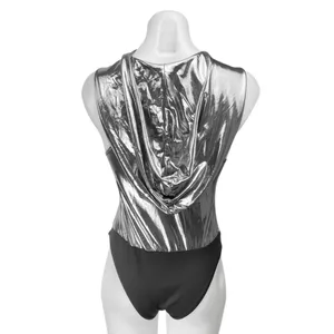 Women's Silver Gray Metallic Sleeveless Hooded Hoodie Bodysuit Tank Top Size S thumbnail 2