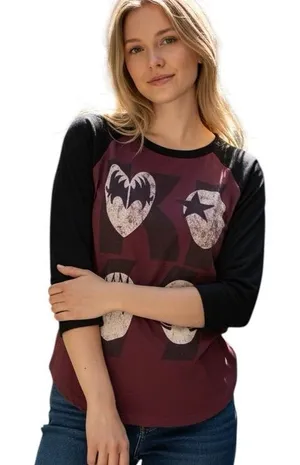 Kiss Vintage Graphic Band T Shirt 3/4 Sleeve Black Burgundy Top thumbnail 1