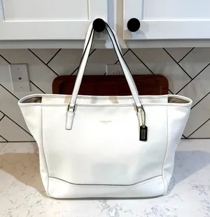 Coach City Saffiano White Leather Large East/West Tote gold hardware minimalist thumbnail 1