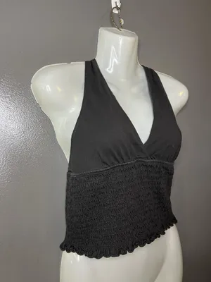 American Eagle Outfitters Tank Top Womens Medium Black Halter Smocked Cropped thumbnail 2