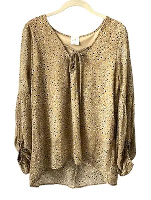 By Together Leopard Print Blouse‎ Womens Small Tan Boho Lace Up Balloon Sleeve thumbnail 1