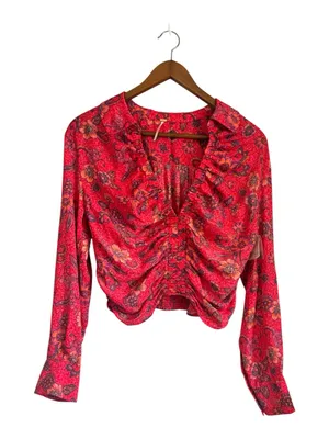 Free People Pink Red Floral "IGot You" Smocked Ruched Long Sleeve Crop Top - Rub thumbnail 5