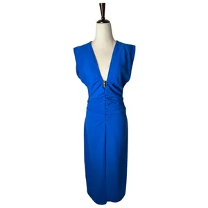 Zara Dress Women Medium Royal Blue Ruched V‎ Neck Sleeveless Midi NWT Party thumbnail 2