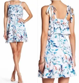 Parker L Nia Dress Blue Multi Flower Pattern Ruffled Front Mini Dress thumbnail 2