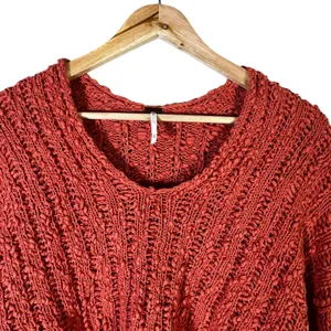 Free People High Low Open Knit V-Neck Sweater Rust Orange Boho Cropped Size M thumbnail 3
