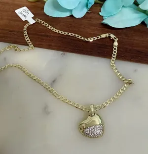 14k Gold Plated XP Necklace‎ Chain Heart Pendant Curb Chain Pave 18in thumbnail 1