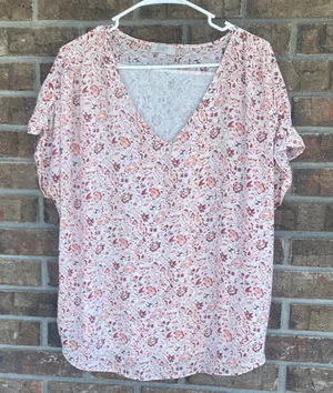 LOFT Floral V-Neck Blouse - Pink and White thumbnail 1
