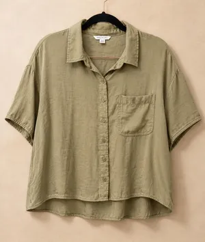 American Eagle Womens Button Down Shirt Small Olive Green Short Sleeve Boxy Fit thumbnail 1