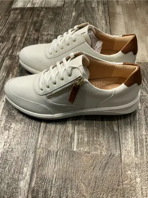 Clarks Women's White Leather Sneakers with Gold Zip and Brown Accents Size 8.5 thumbnail 8