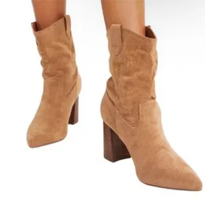 VICI | Tan Dev Faux Suede Slouchy‎ Western Pointed Block Heel Ankle Boots, 6 thumbnail 2