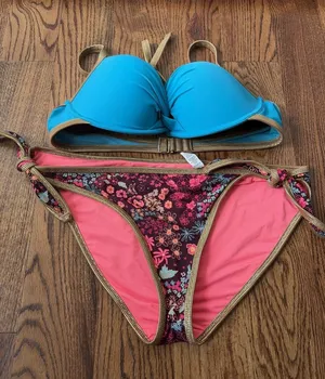 Aerie Bikini Set Womens 38D Top Pushup Bottom Size XL Blue Teal Gold Swimsuit thumbnail 1