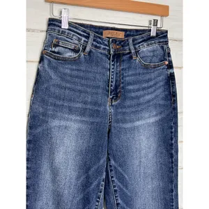 Judy Blue Wide Leg Crop Raw Hem Jeans Dark Blue High Rise Stretch Size 3/26 thumbnail 9