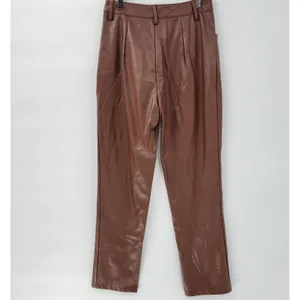 Faux Leather Pants Medium Brown High Waist Straight Leg Zip Casual Chic Club thumbnail 4